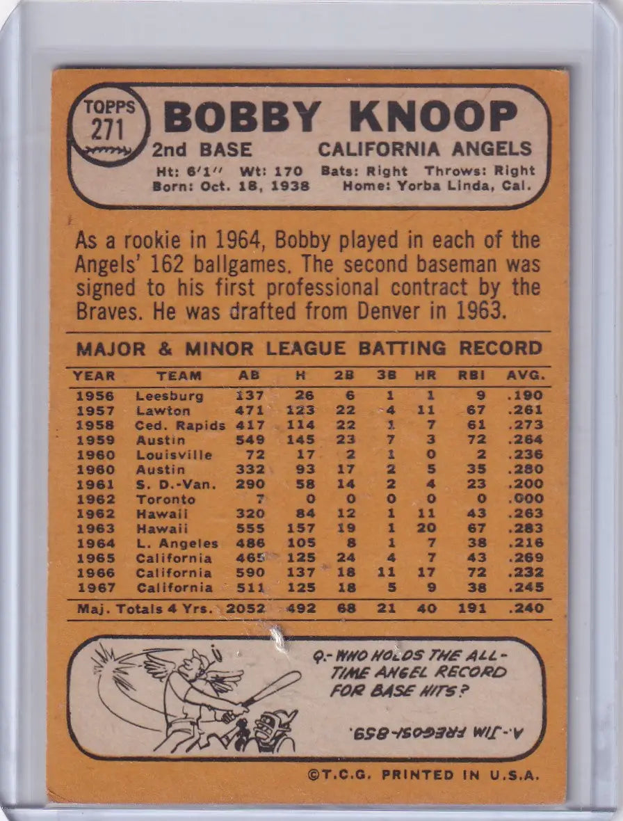 Vintage Topps Baseball card of Bobby Knoop from the California Angels 1968 series