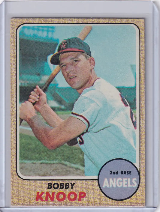 Vintage Topps Baseball card of Bobby Knoop in batting stance for California Angels