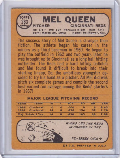 1968 Topps Baseball card of Mel Queen from the Cincinnati Reds featuring classic design