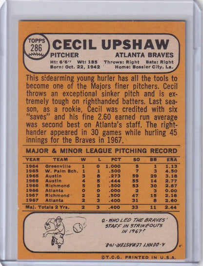 Baseball card of Cecil Upshaw from the 1968 Topps Baseball set, Atlanta Braves