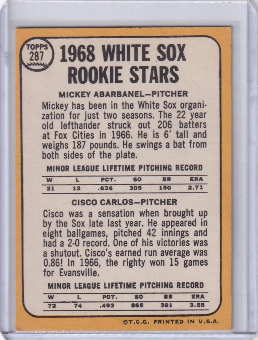 Vintage Topps Baseball card featuring 1968 White Sox rookies Mickey Abarbanel and Cisco Carlos