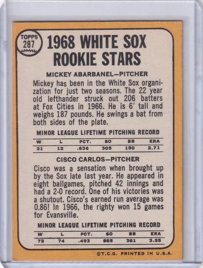 Vintage Topps Baseball card featuring 1968 White Sox rookies Mickey Abarbanel and Cisco Carlos