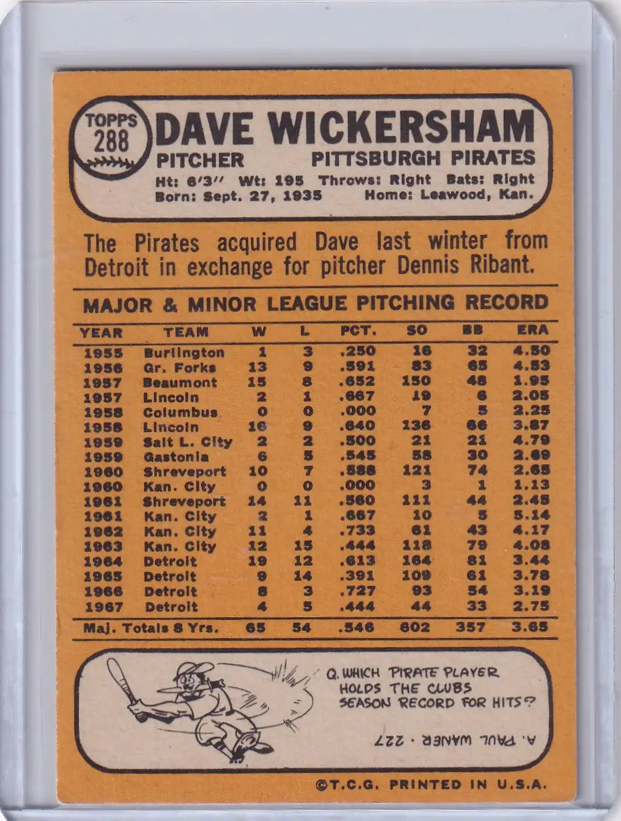 1968 Topps Baseball #288 Dave Wickersham - Pittsburgh Pirates