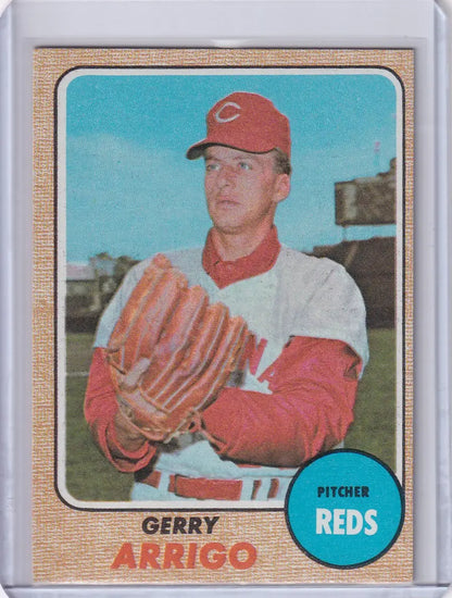 1968 Topps Baseball card of Gerry Arrigo in Cincinnati Reds uniform with glove