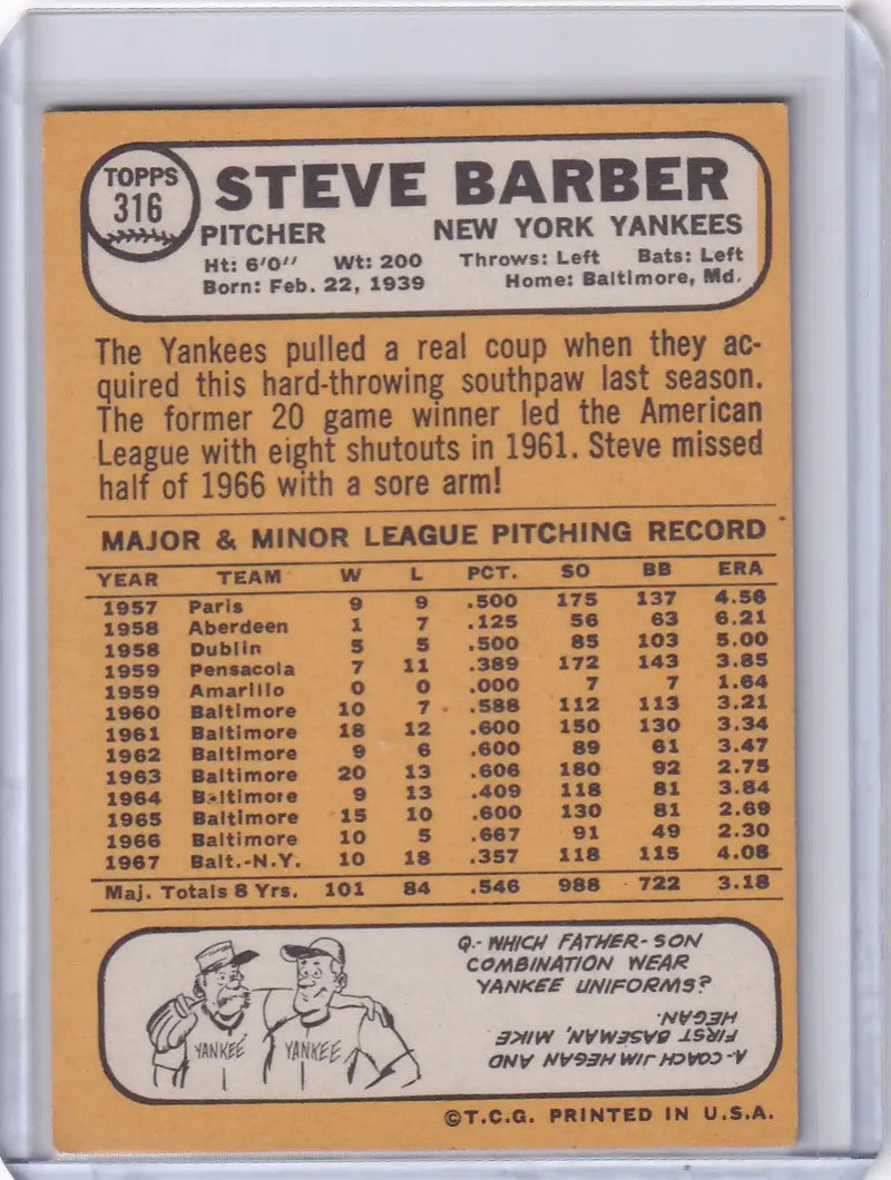 1968 Topps Baseball card of Steve Barber from the New York Yankees collection