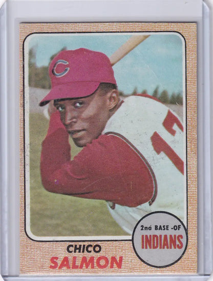 Vintage Topps Baseball card of Chico Salmon, Cleveland Indians, in red cap and jersey 11