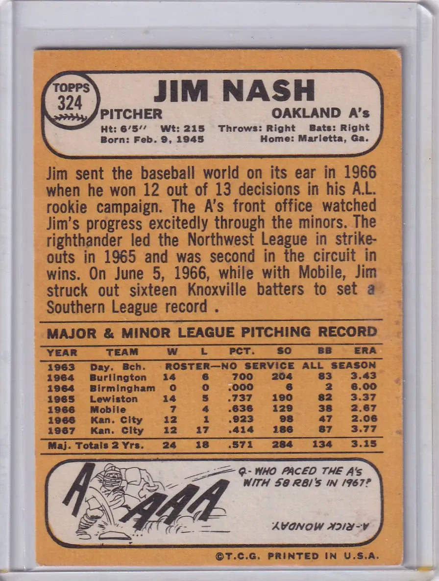 Vintage 1966 Topps Baseball card of Jim Nash, Oakland Athletics pitcher