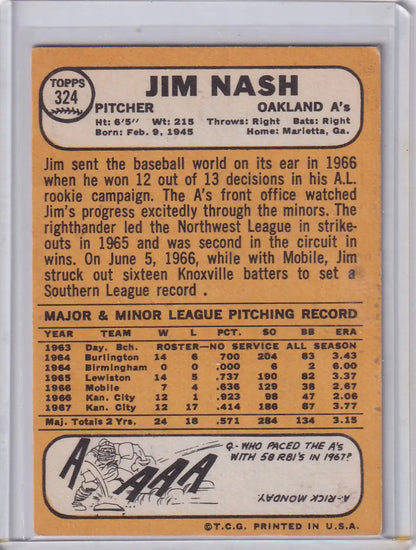 Vintage 1966 Topps Baseball card of Jim Nash, Oakland Athletics pitcher
