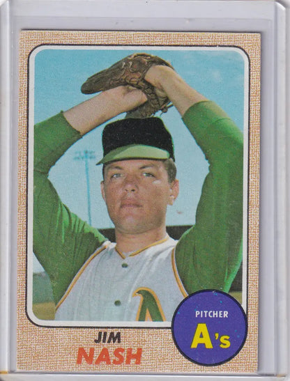 Vintage Topps Baseball card of Jim Nash in a windup pose for Oakland Athletics