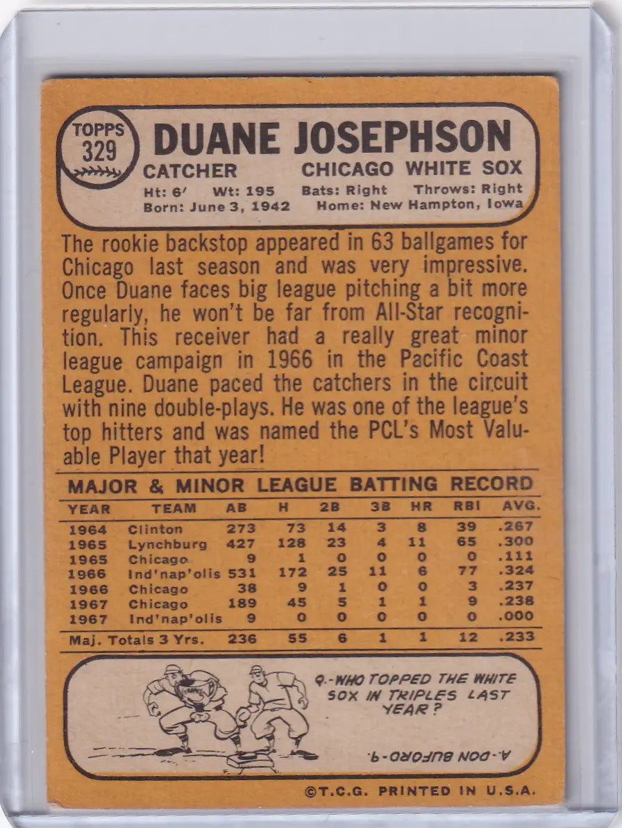 1968 Topps Baseball card of Duane Josephson from the Chicago White Sox