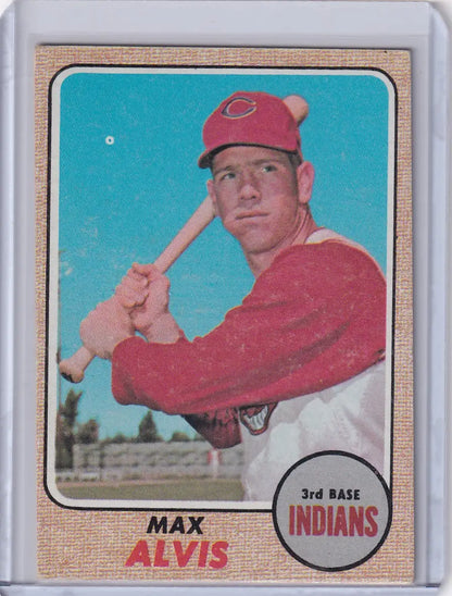 Vintage Topps Baseball card of Max Alvis in batting stance for Cleveland Indians