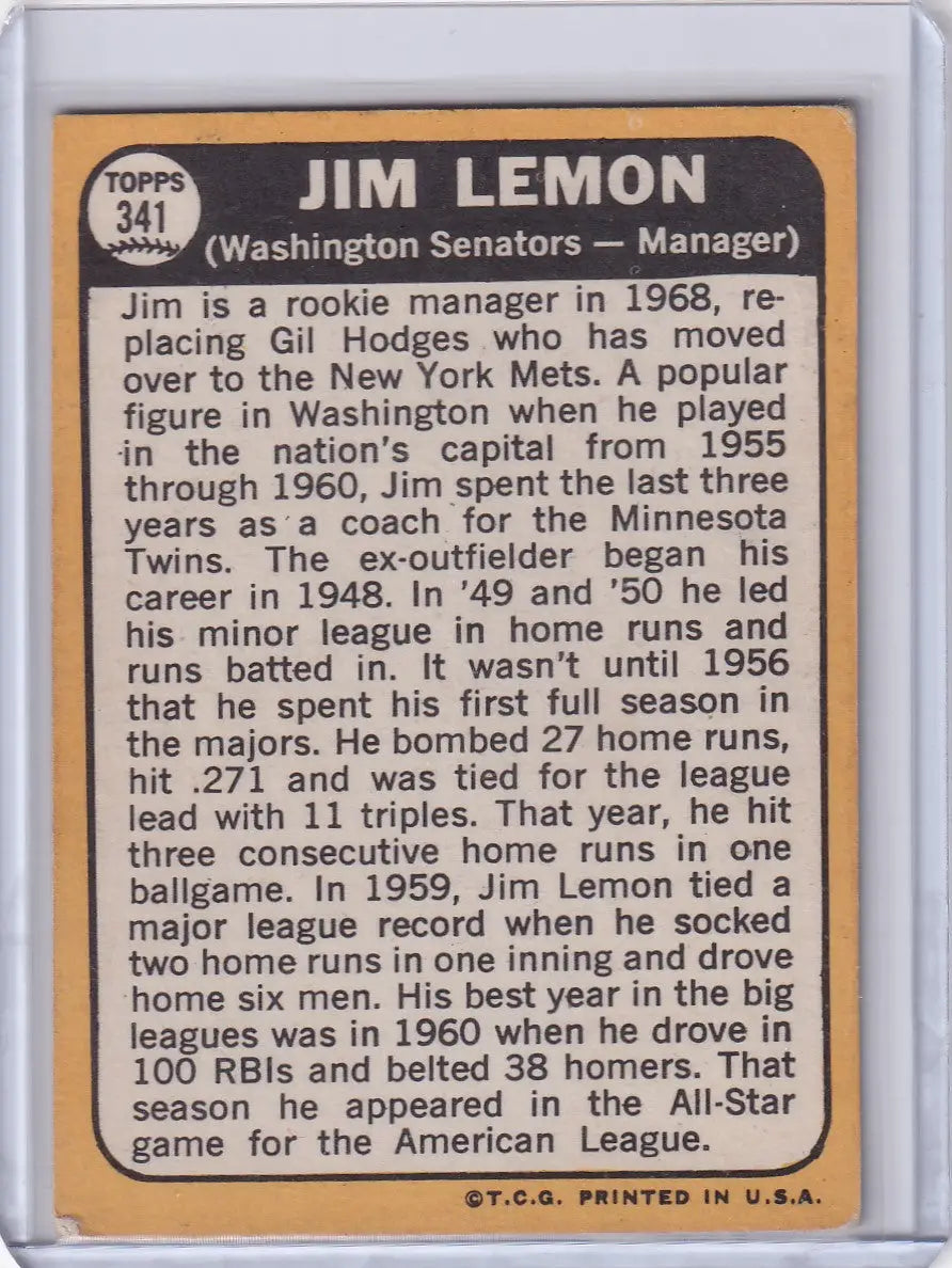 1968 Topps Baseball card of Jim Lemon from the Washington Senators with stats and bio