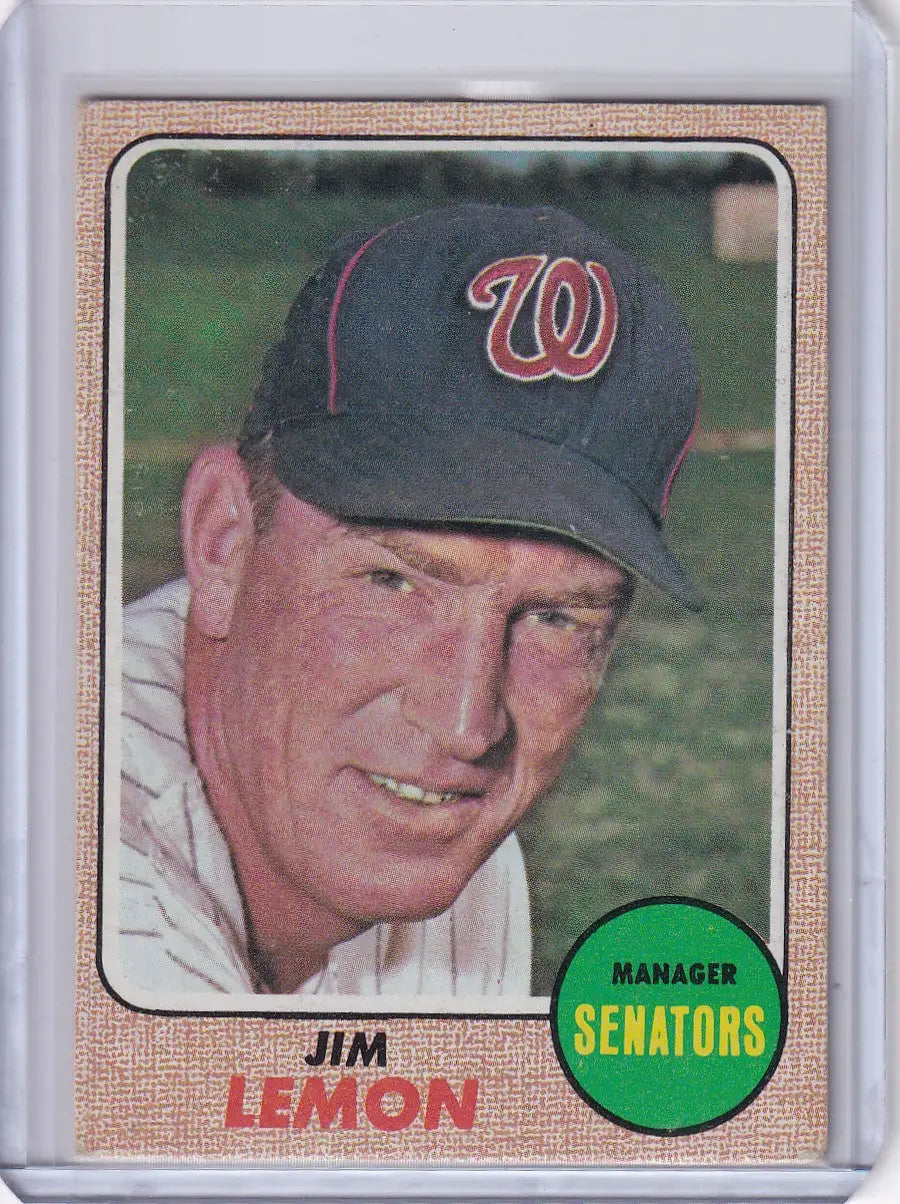 Baseball card of Jim Lemon in a Washington Senators cap from Topps Baseball 1968