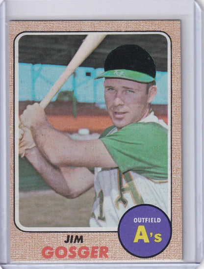 1968 Topps Baseball card of Jim Gosger in batting stance for Oakland Athletics