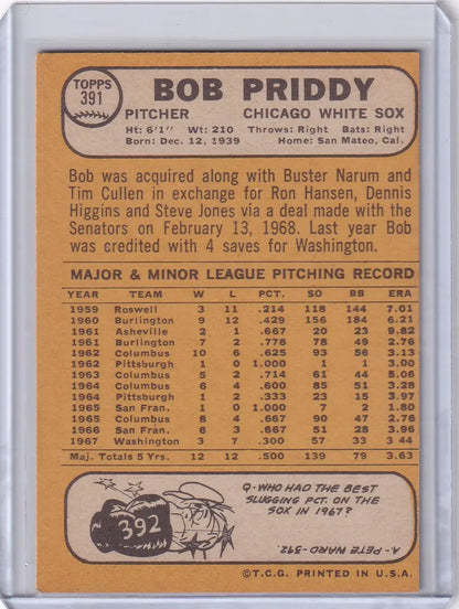 Baseball card of Bob Priddy from the Chicago White Sox in 1968 Topps Baseball
