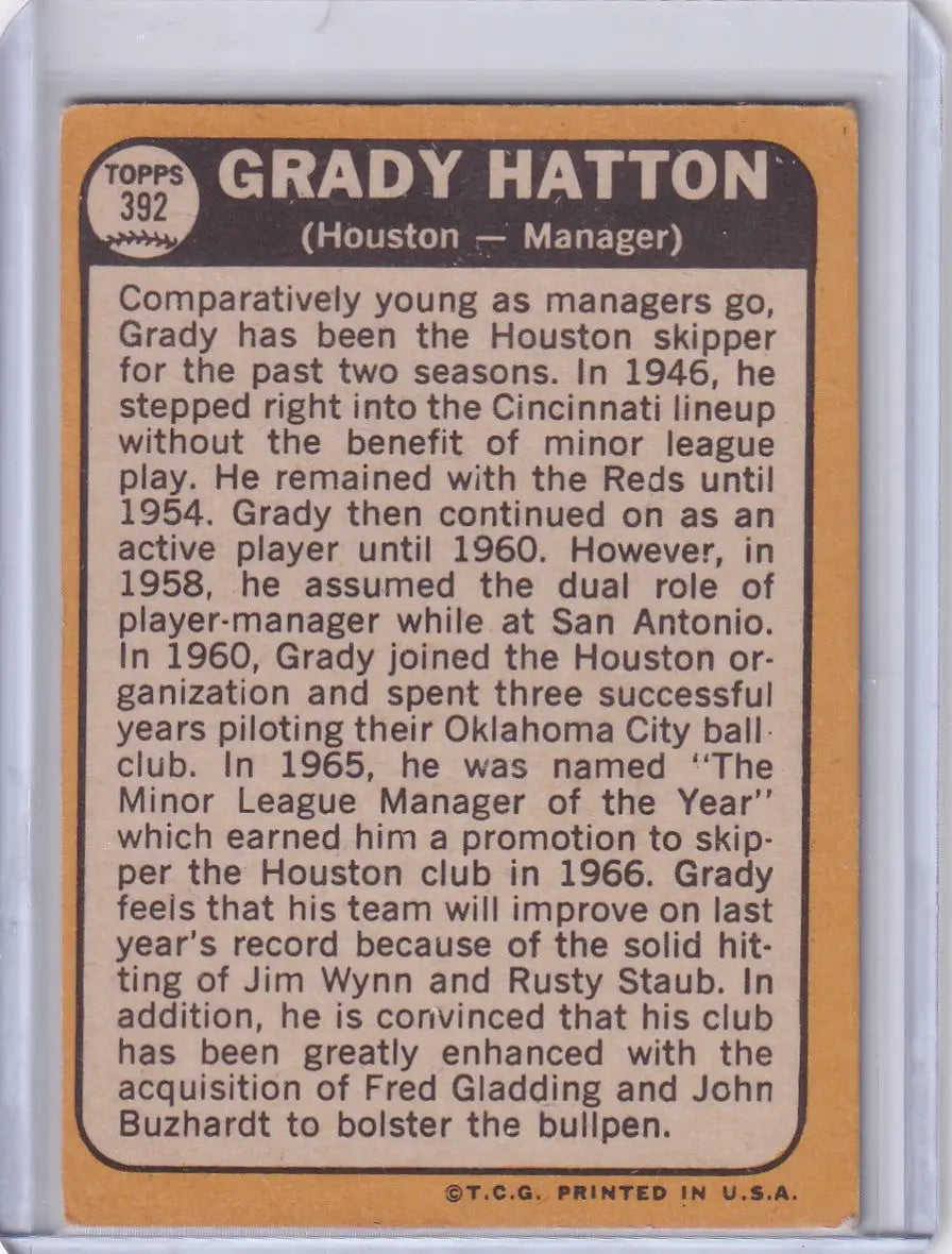 Vintage Topps Baseball card of Grady Hatton, Houston Astros manager career highlights