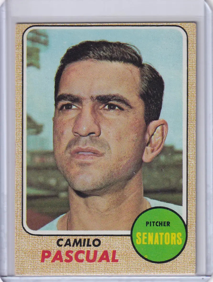 1968 Topps Baseball card of Camilo Pascual in Washington Senators uniform headshot
