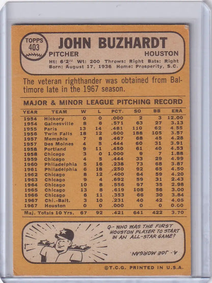 Topps Baseball card of John Buzhardt featuring stats for Houston Astros pitcher