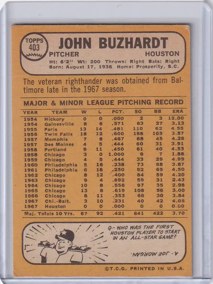1968 Topps Baseball #403 John Buzhardt - Houston Astros
