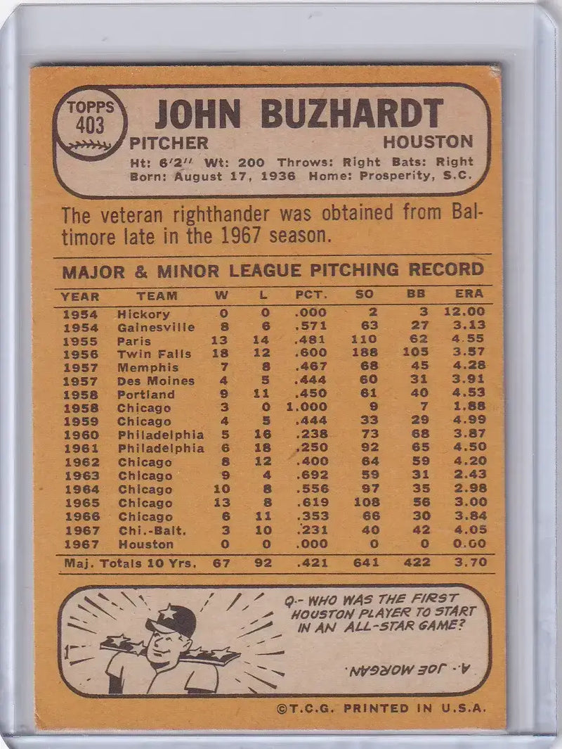 1968 Topps Baseball #403 John Buzhardt - Houston Astros