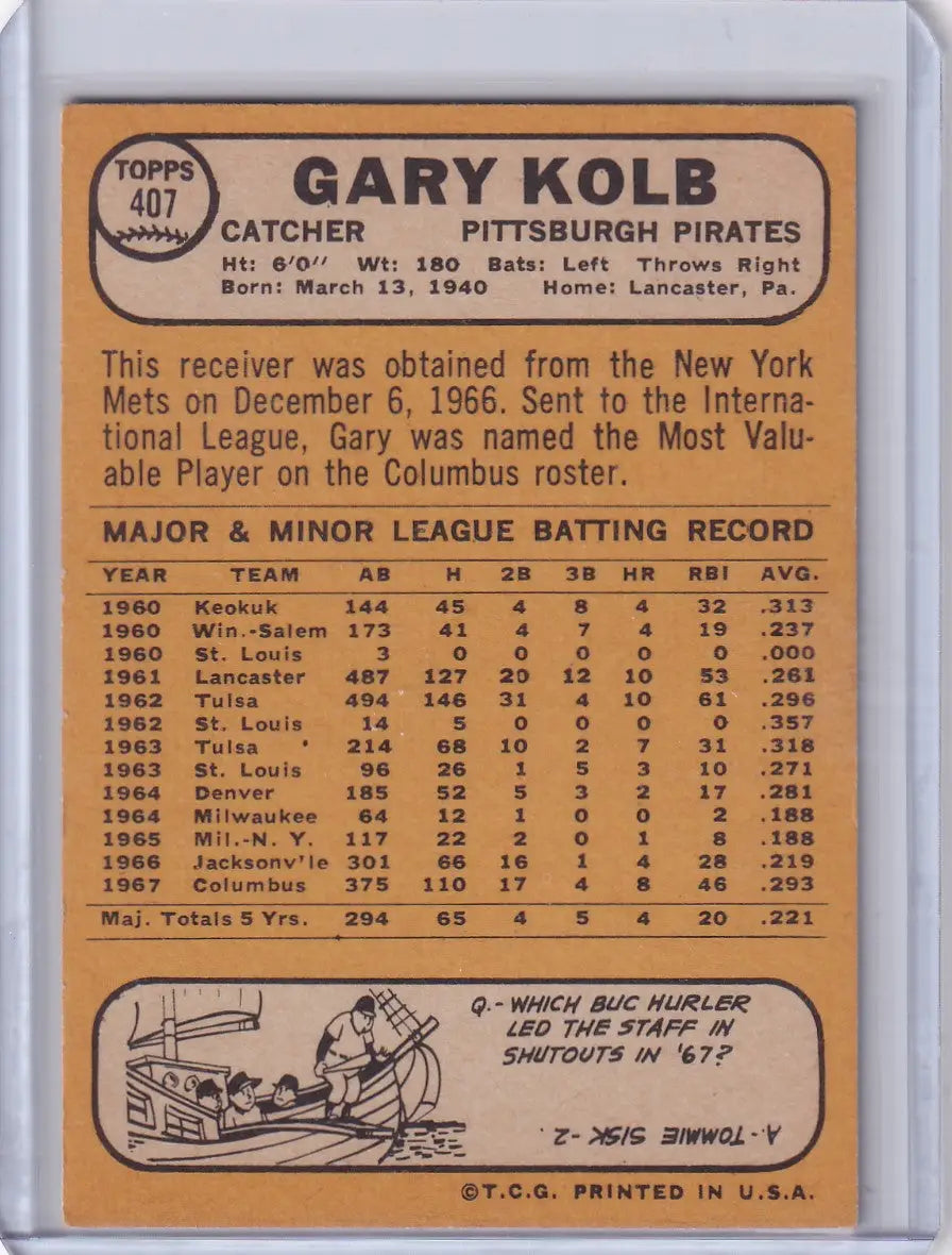 1968 Topps Baseball #407 Gary Kolb - Pittsburgh Pirates