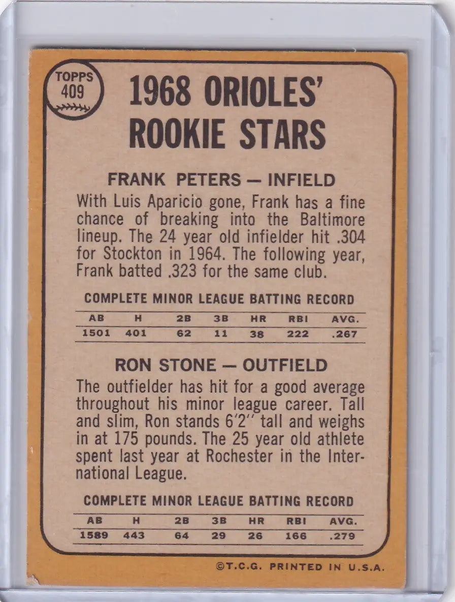Vintage 1968 Topps Baseball card of Orioles Rookies Frank Peters and Ron Stone RC