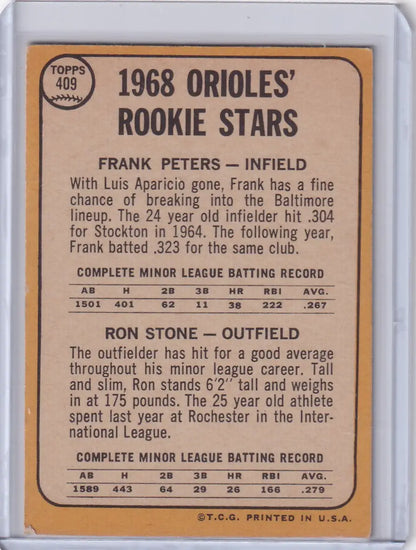 Vintage 1968 Topps Baseball card of Orioles Rookies Frank Peters and Ron Stone RC