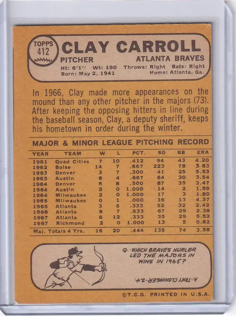 1968 Topps Baseball #412 Clay Carroll - Atlanta Braves