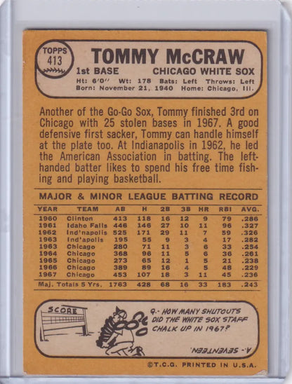 Baseball card of Tommy McCraw, Chicago White Sox player, from 1968 Topps Baseball