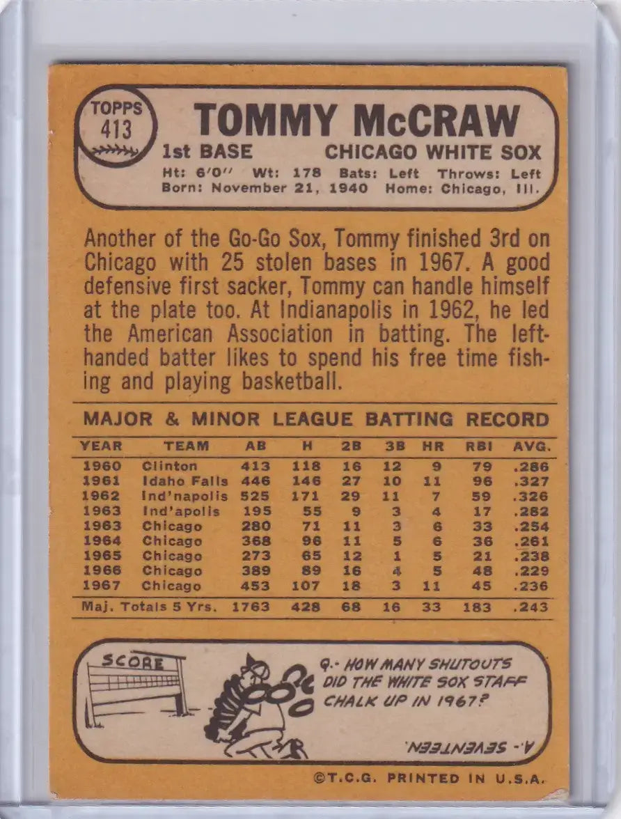 1968 Topps Baseball #413 Tommy McCraw - Chicago White Sox