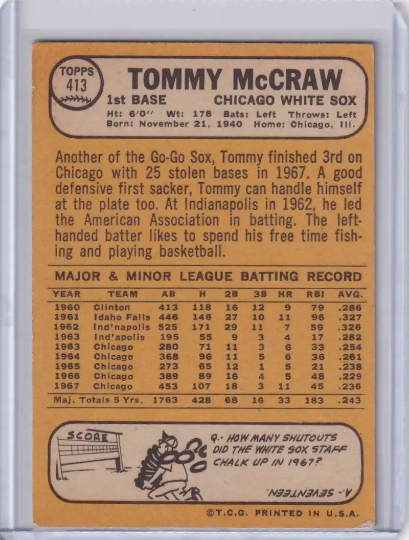 1968 Topps Baseball #413 Tommy McCraw - Chicago White Sox