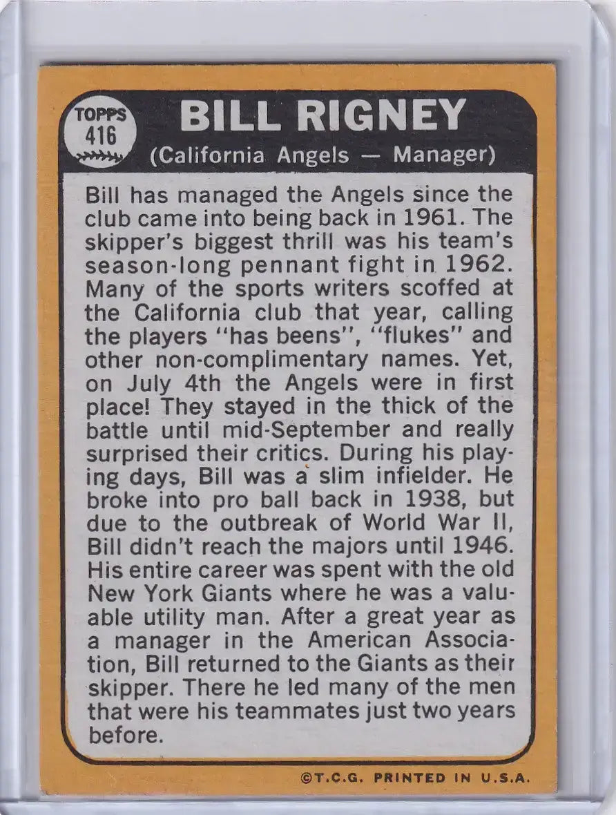 1968 Topps Baseball #416 Bill Rigney - California Angels