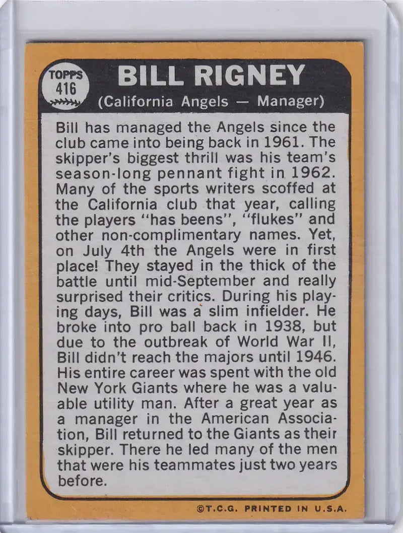 1968 Topps Baseball #416 Bill Rigney - California Angels