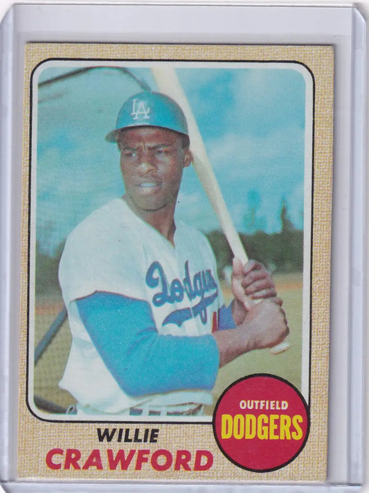 Baseball card of Willie Crawford in batting stance for Los Angeles Dodgers Topps Baseball