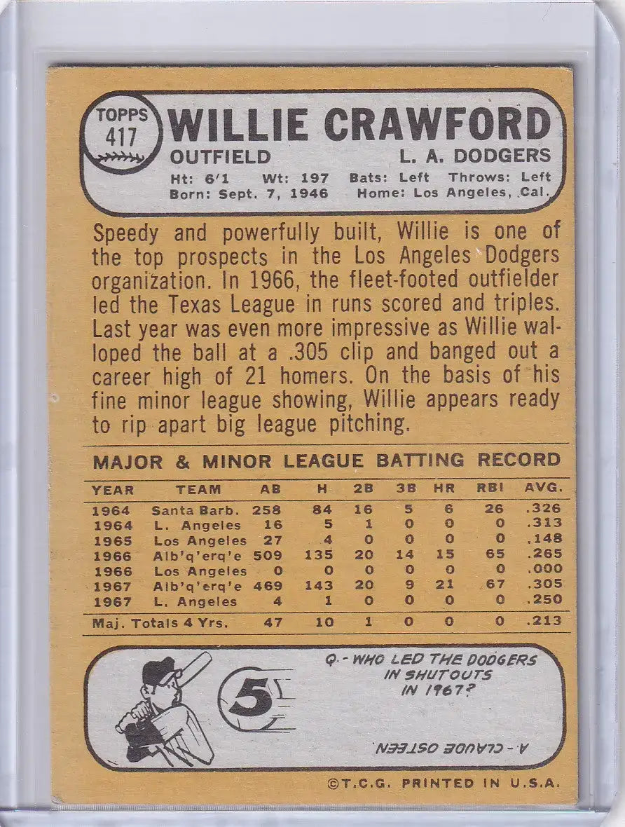 1968 Topps Baseball #417 Willie Crawford - Los Angeles Dodgers