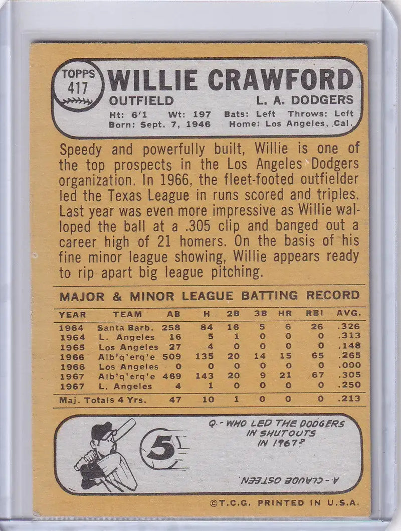 1968 Topps Baseball #417 Willie Crawford - Los Angeles Dodgers