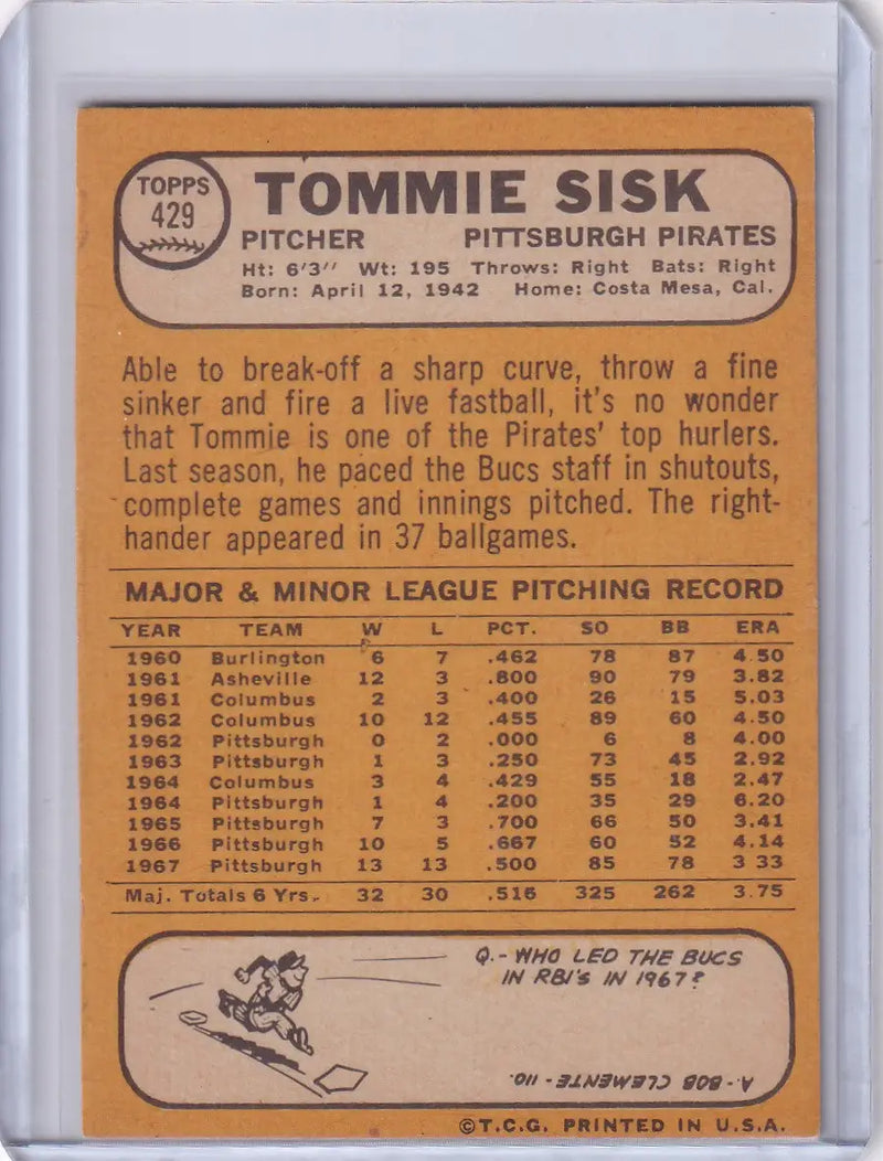 1968 Topps Baseball #429 Tommie Sisk - Pittsburgh Pirates