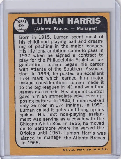 Topps Baseball card of Lum Harris, former Atlanta Braves player and manager