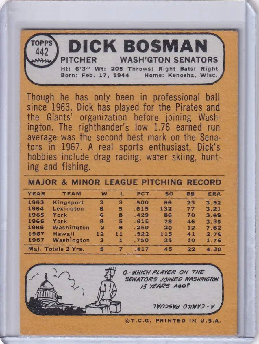 1968 Topps Baseball #442 Dick Bosman - Washington Senators