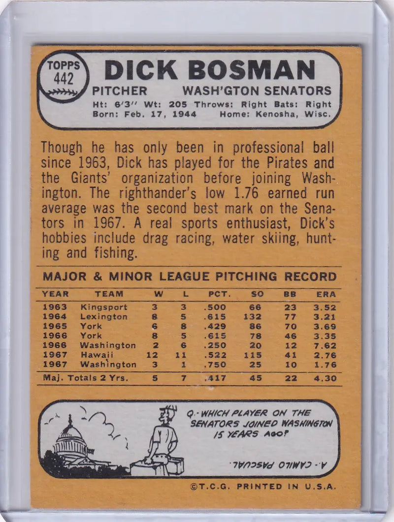1968 Topps Baseball #442 Dick Bosman - Washington Senators