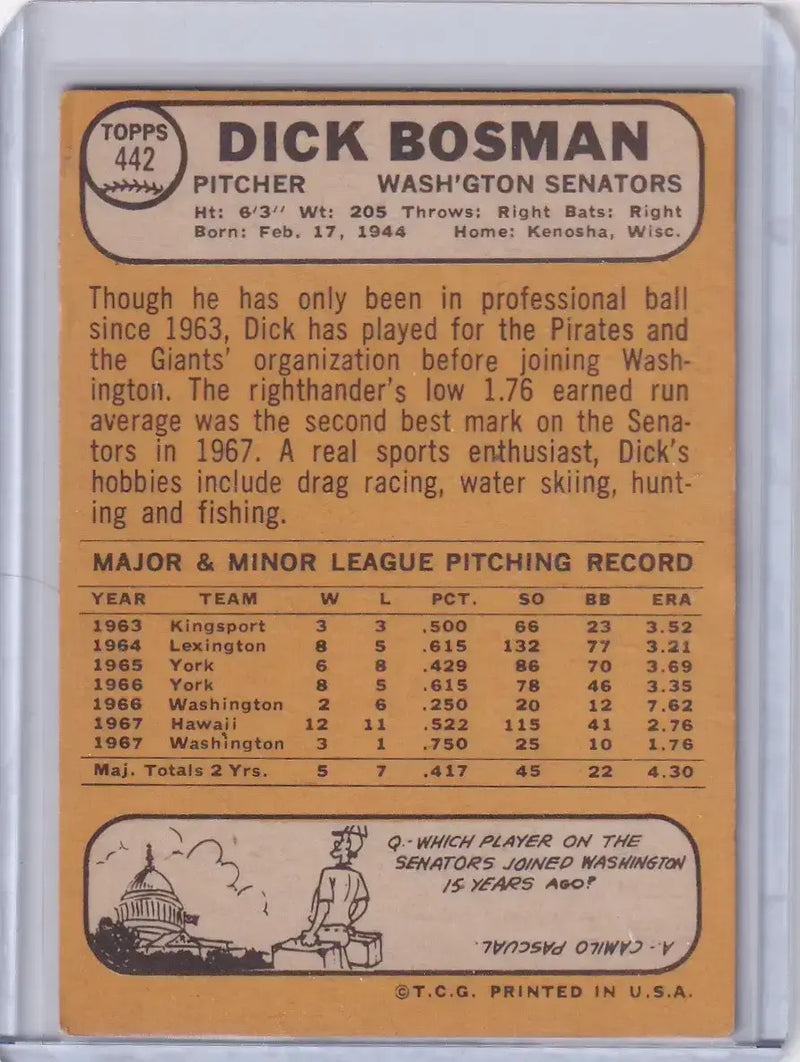 1968 Topps Baseball #442 Dick Bosman - Washington Senators