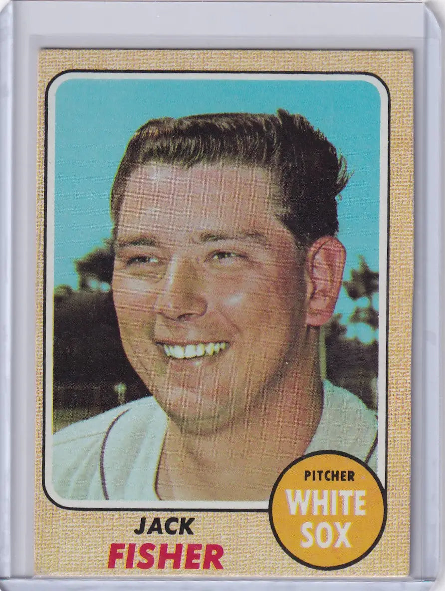 Baseball card of Jack Fisher, pitcher for the Chicago White Sox from 1968 Topps Baseball