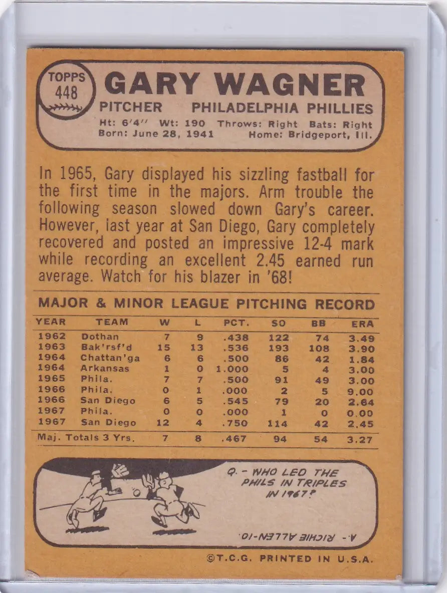 1968 Topps Baseball card of Gary Wagner from the Philadelphia Phillies with stats