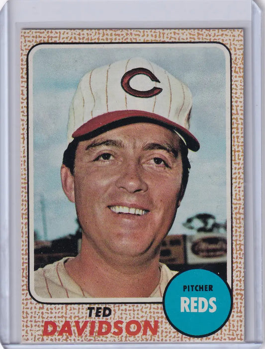 Vintage Topps Baseball card of Ted Davidson smiling in Cincinnati Reds cap