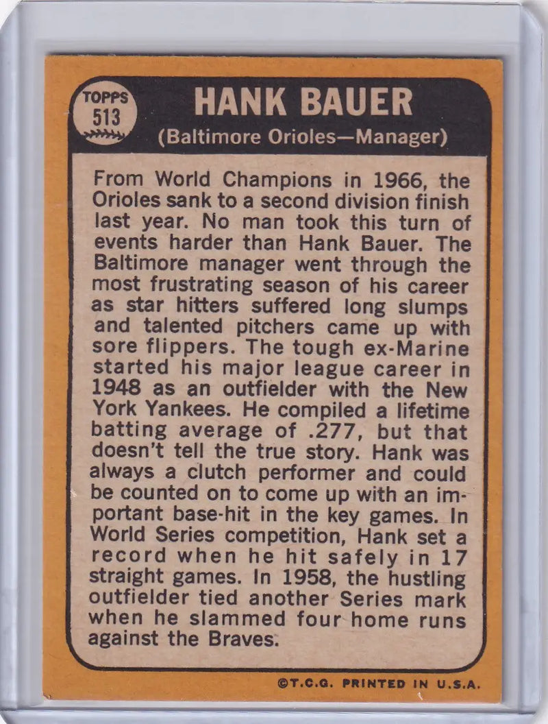 Topps Baseball card of Hank Bauer, Baltimore Orioles, 1968 Topps #513 edition