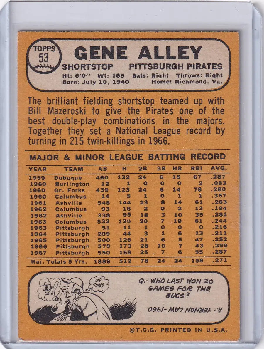 1968 Topps Baseball #53 Gene Alley - Pittsburgh Pirates