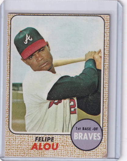 1968 Topps Baseball card featuring Felipe Alou in Atlanta Braves uniform and batting stance