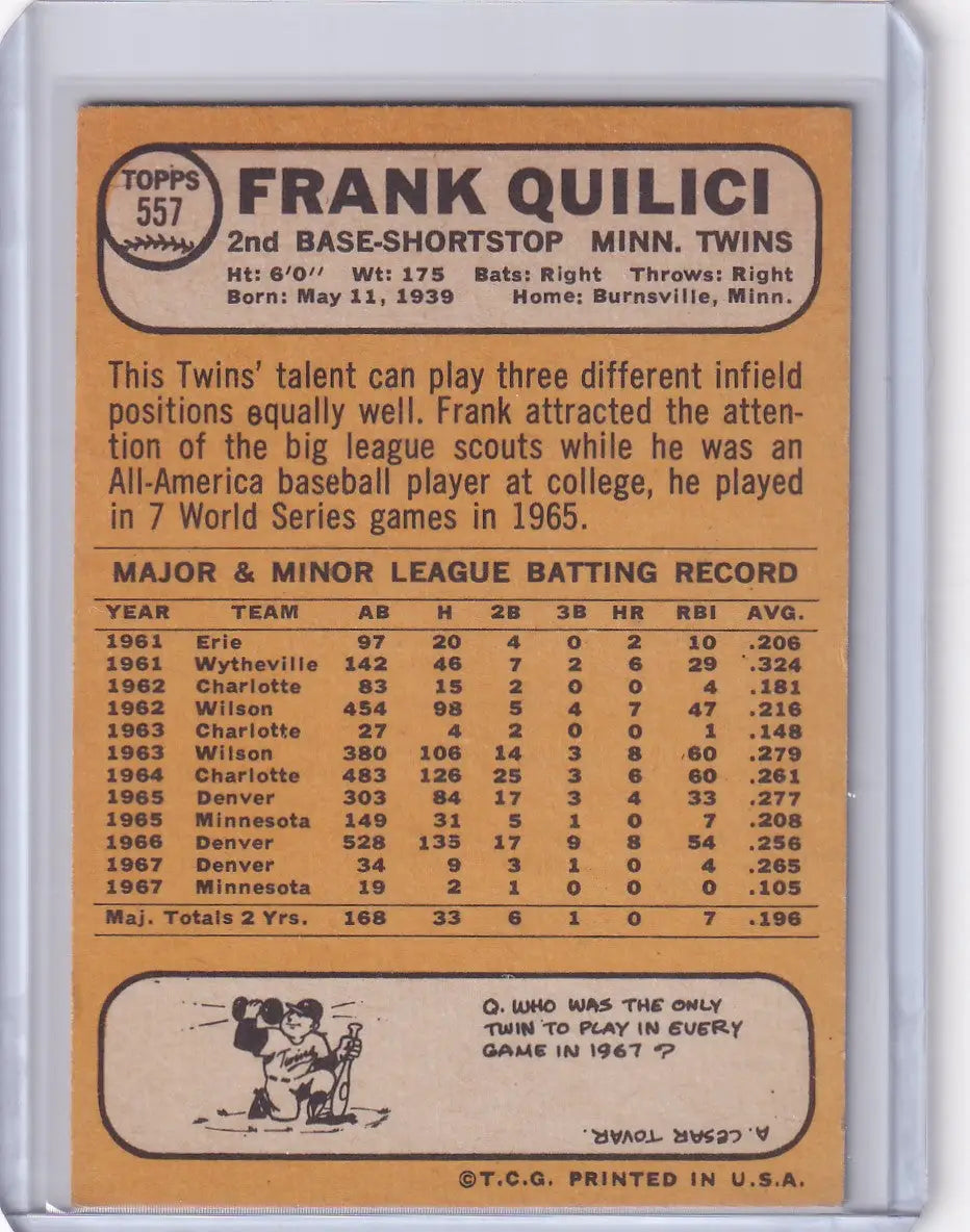 1968 Topps Baseball card of Frank Quilici from the Minnesota Twins with stats