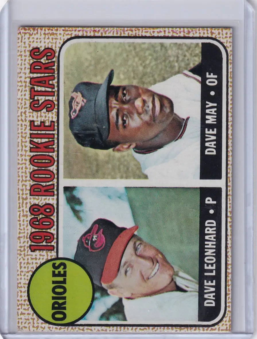 Baseball card of 1968 Topps Orioles Rookies featuring Dave Leonhard and Dave May
