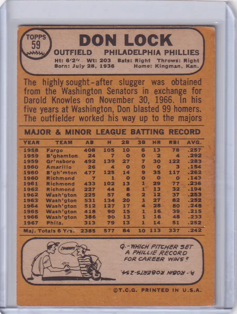 1968 Topps Baseball card of Don Lock featuring Philadelphia Phillies stats and bio